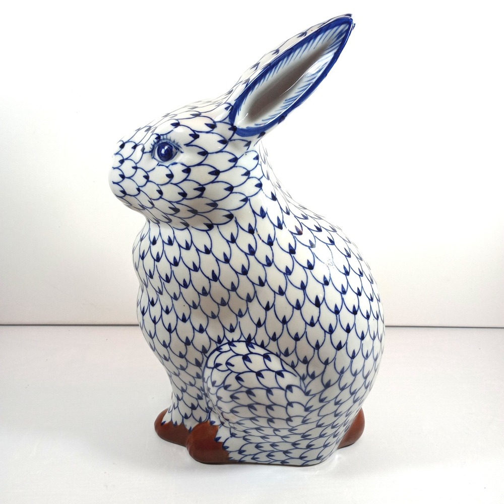 Vintage Blue White Fishnet Porcelain Rabbit Figurine 14'' Bunny Good Chinoiserie